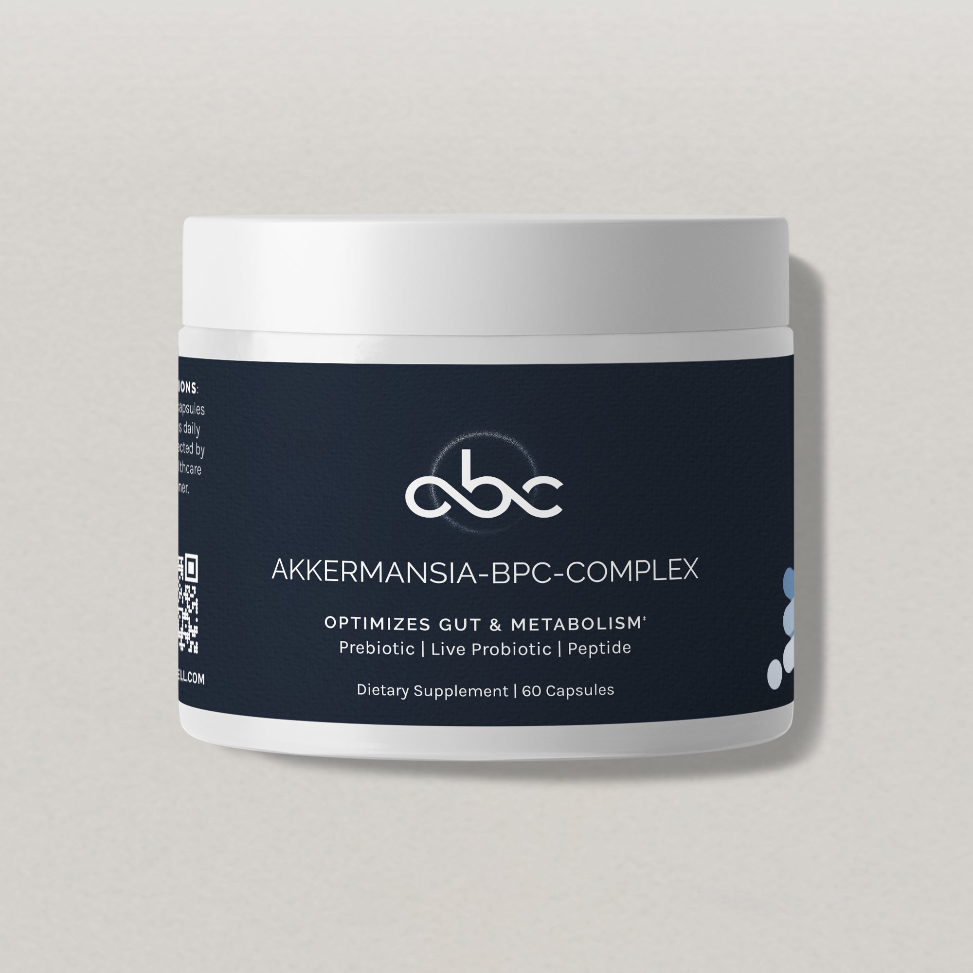 Supplement container showcasing a prebiotic, probiotic, and peptide blend for gut and metabolic health; 60 capsules.