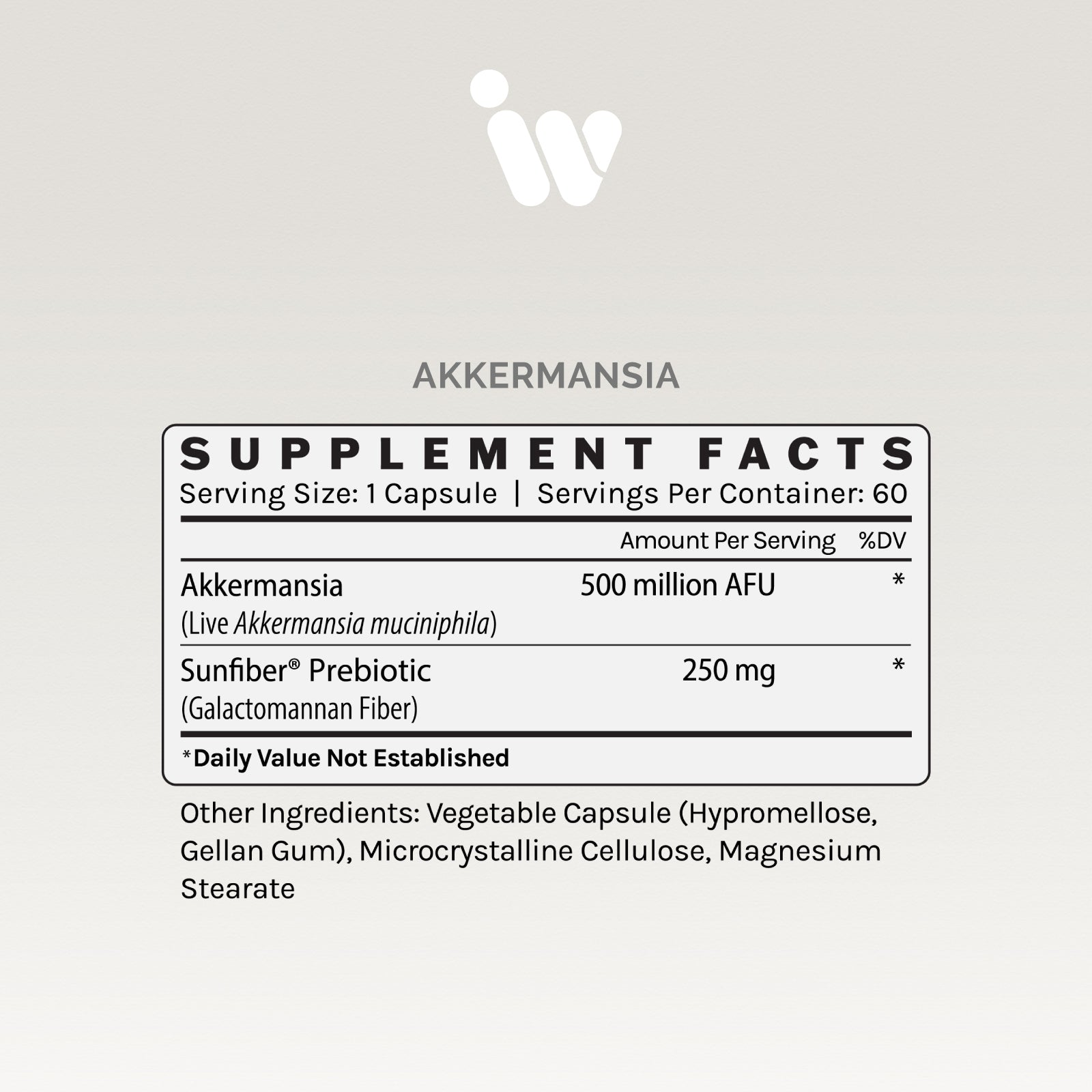 Supplement facts panel showing Akkermansia muciniphila count and other ingredients.