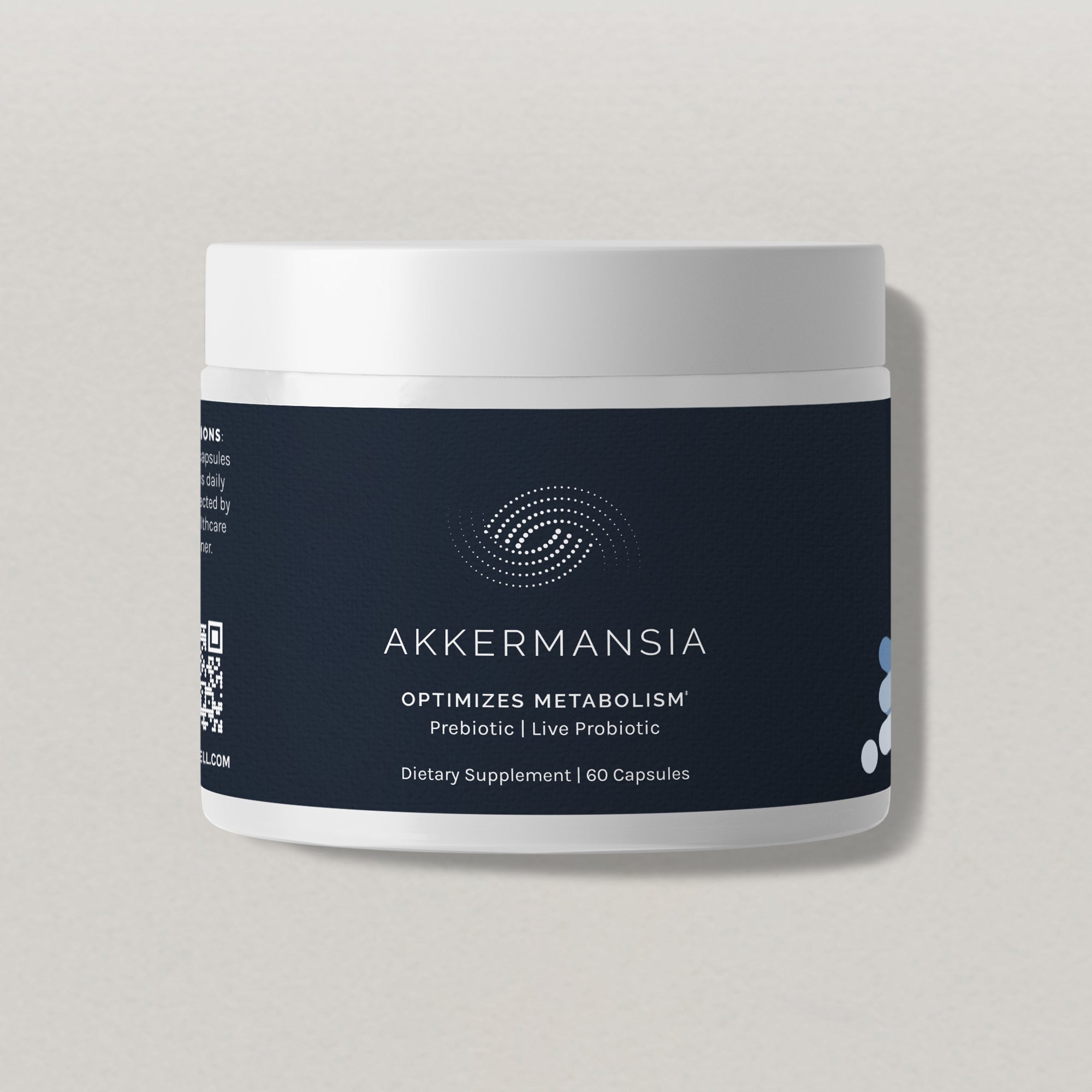 Supplement container showcasing a prebiotic and probiotic blend designed to enhance metabolism; 60 capsules.