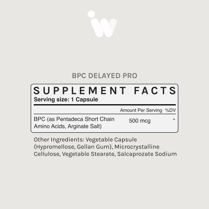 White bottle of InfiniWell BPC Delayed Pro delayed-release peptide supplement, front label