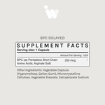 Supplement Facts panel for InfiniWell BPC Delayed showing serving size, BPC per capsule, and other ingredients.