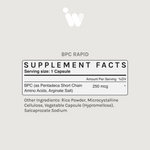 Supplement Facts panel for InfiniWell BPC Rapid showing serving size, BPC per capsule, and other ingredients.