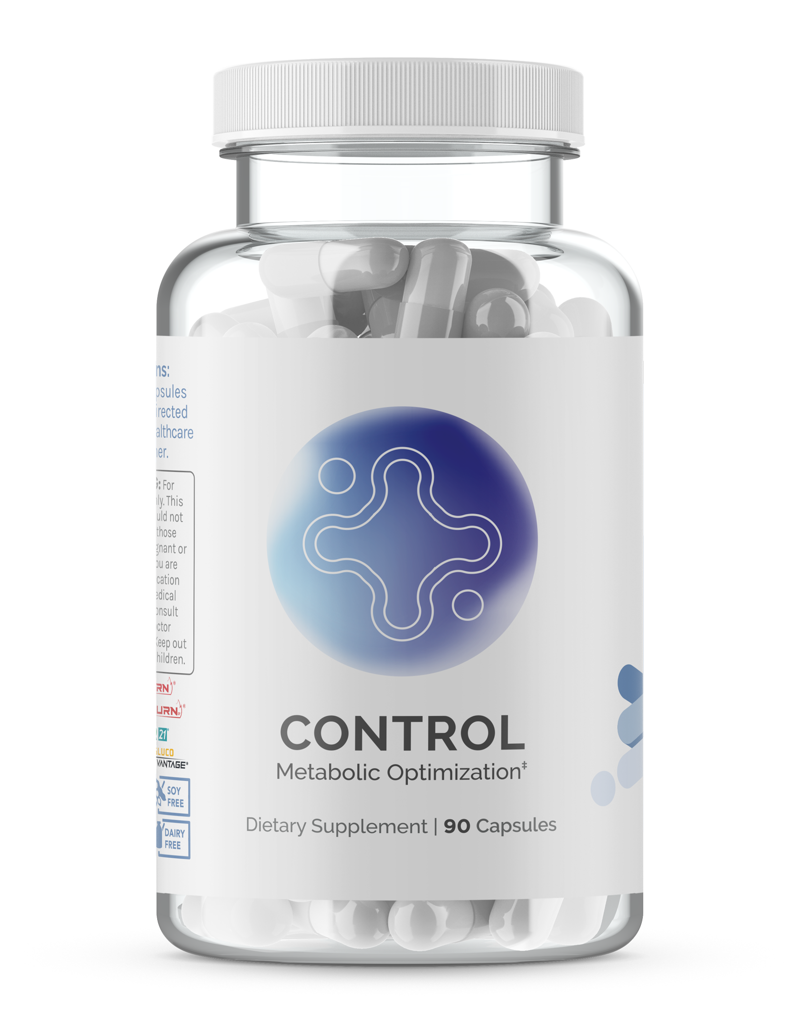 Clear plastic bottle of dietary supplement capsules; 90 count, metabolic support.
