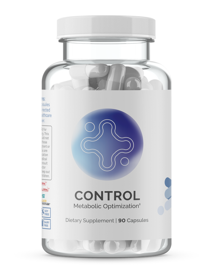InfiniWell Control Metabolic Optimization supplement bottle with white capsules, transparent background, 90 capsules.