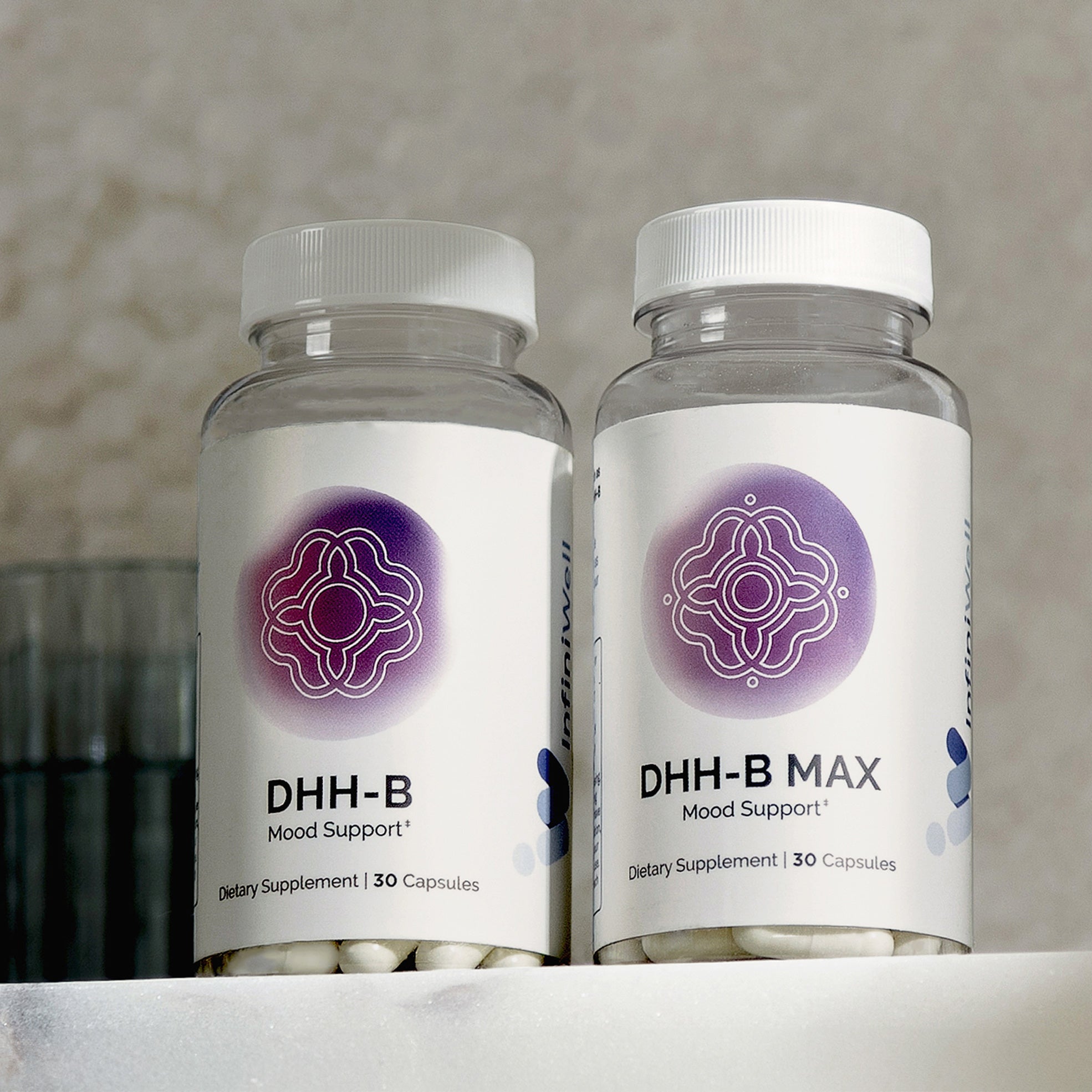 Two bottles of mood support supplement, 30 capsules each, shown on a shelf.
