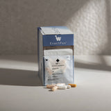 Supplement capsules and packaging on a neutral background.