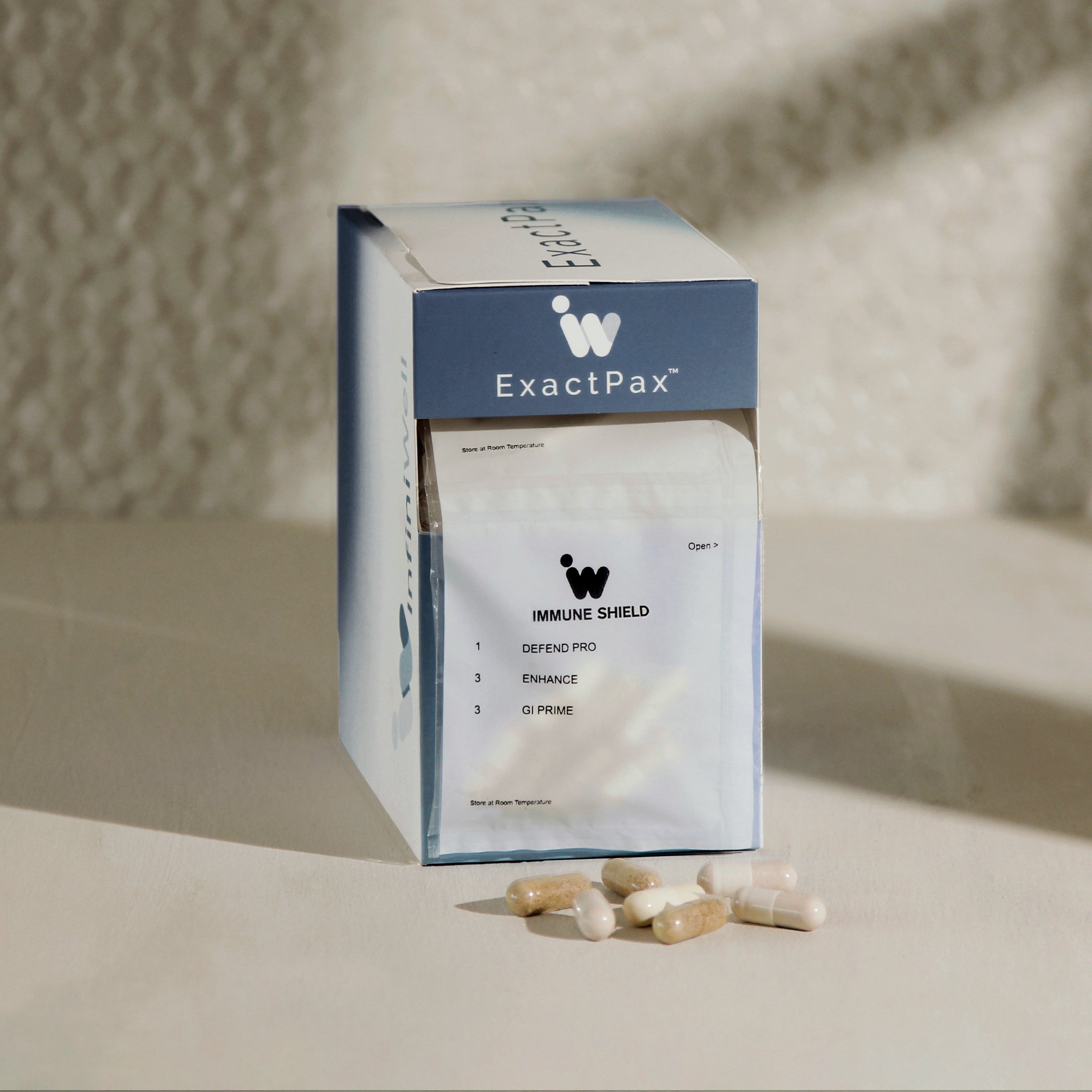 ExactPax Immune Shield supplement box with capsules: Defend Pro, Enhance, & GI Prime for immune support.