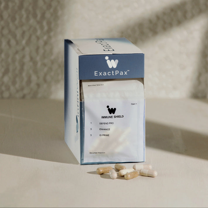ExactPax Immune Shield supplement box with capsules: Defend Pro, Enhance, & GI Prime for immune support.