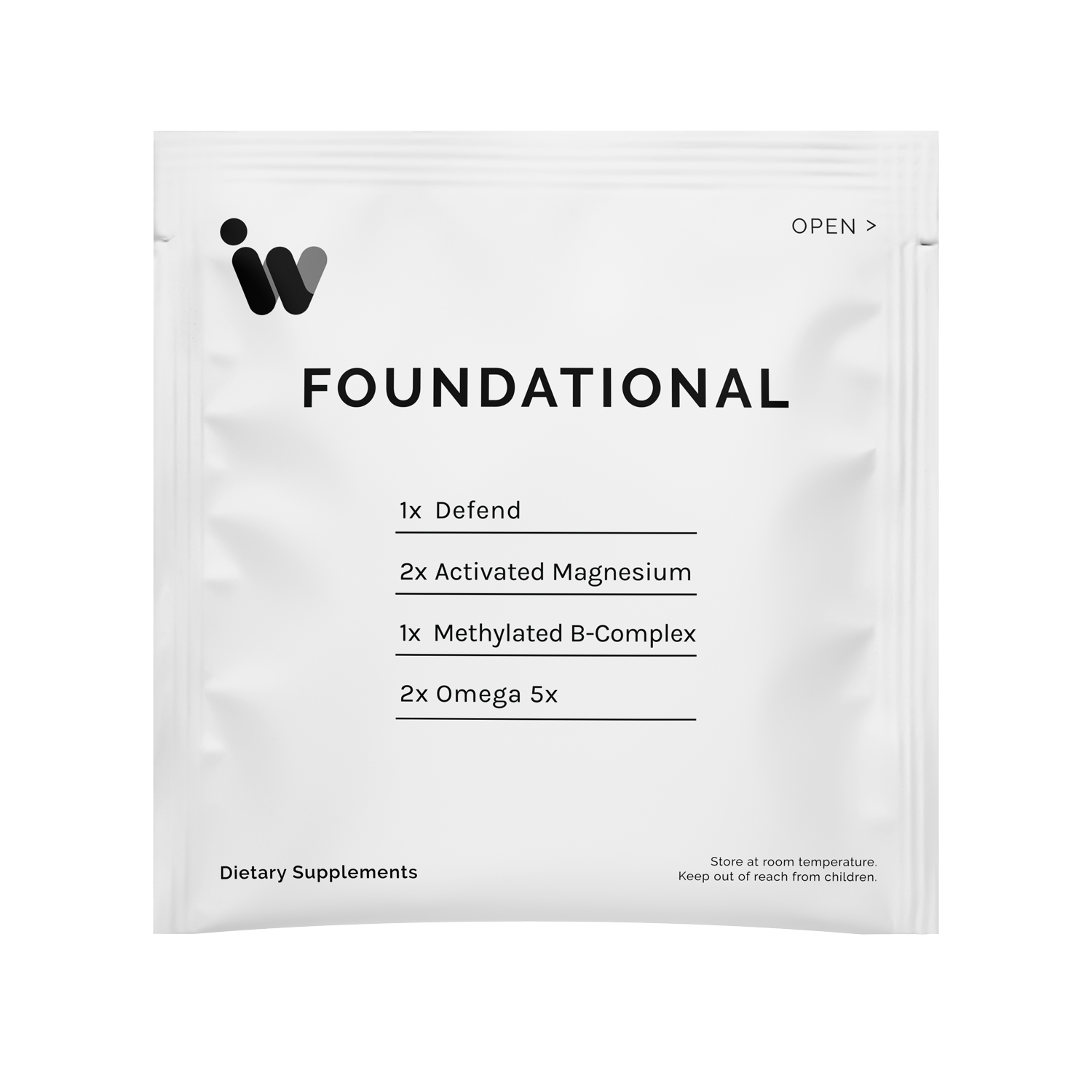 White dietary supplement packet listing contents: Defend, Activated Magnesium, Methylated B-Complex, and Omega 5x.