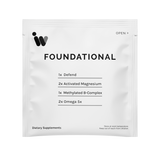 White dietary supplement packet listing contents: Defend, Activated Magnesium, Methylated B-Complex, and Omega 5x.