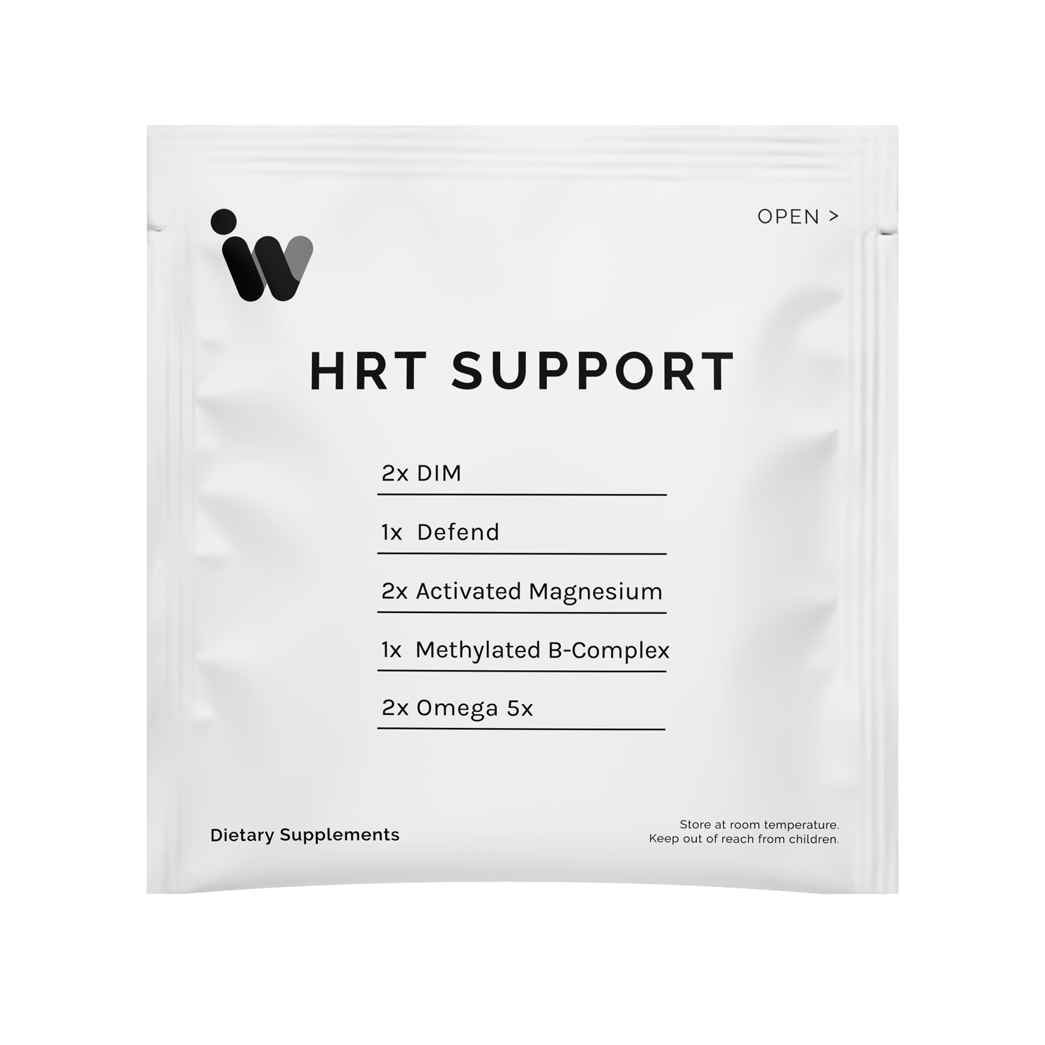 Dietary supplement packet listing ingredients: DIM, Defend, Activated Magnesium, Methylated B-Complex, and Omega 5x.