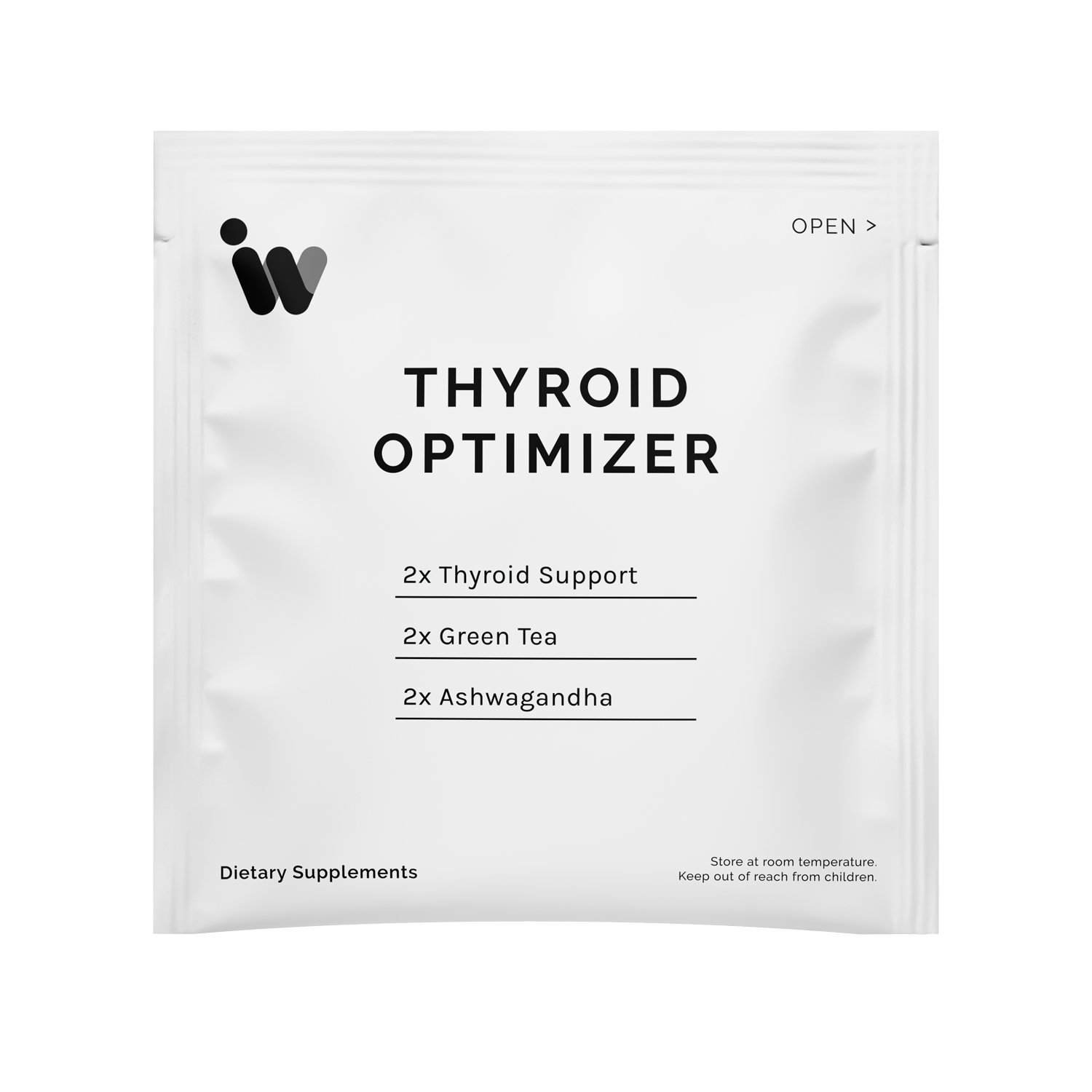 White dietary supplement packet detailing thyroid support blend with green tea and ashwagandha.