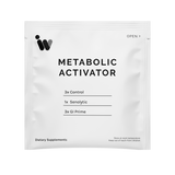 White dietary supplement packet detailing a metabolic activator blend.