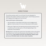 Directions panel for priming the Infiniwell airless pump with skincare product usage instructions and care guidance