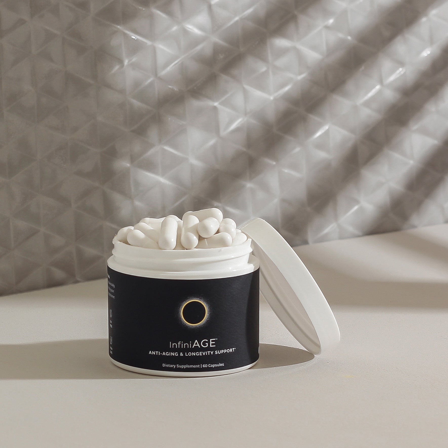 White capsules in a jar, anti-aging supplement, 60 servings.