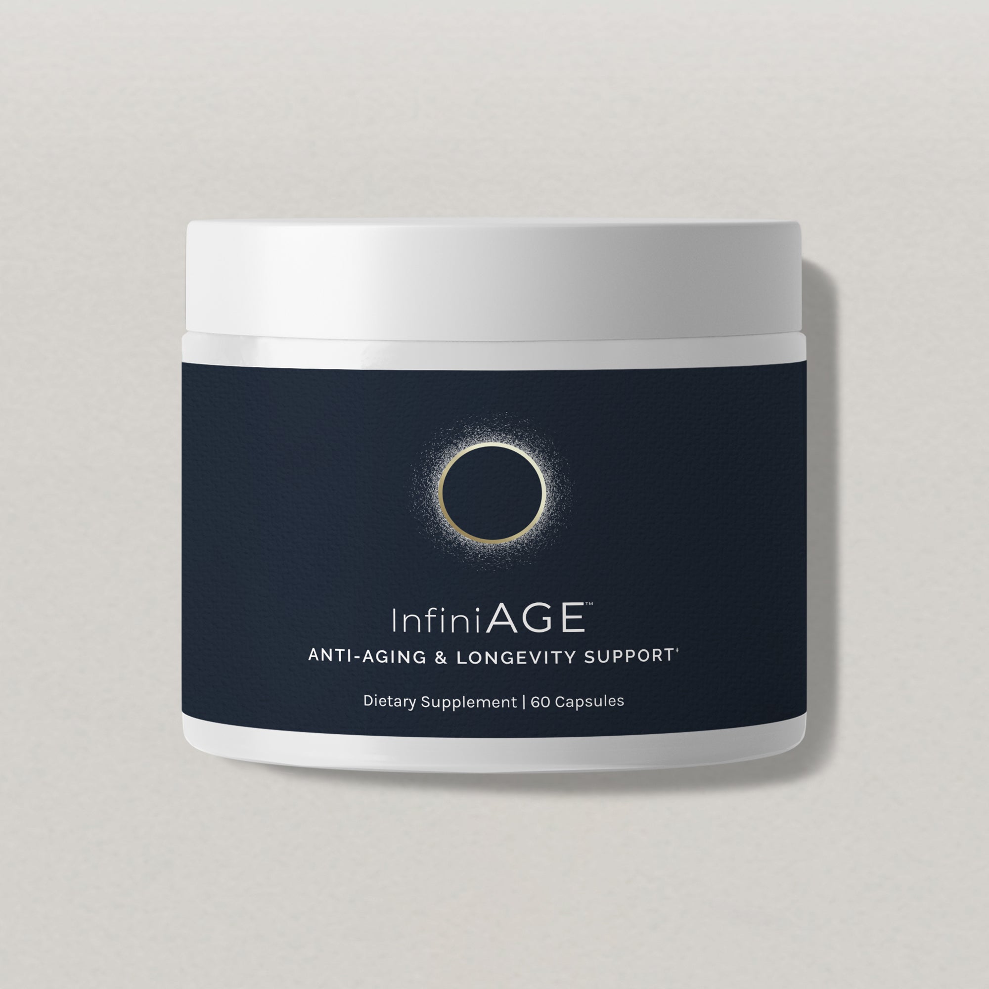 Dietary supplement container; navy label, white lid; 60 capsules.
