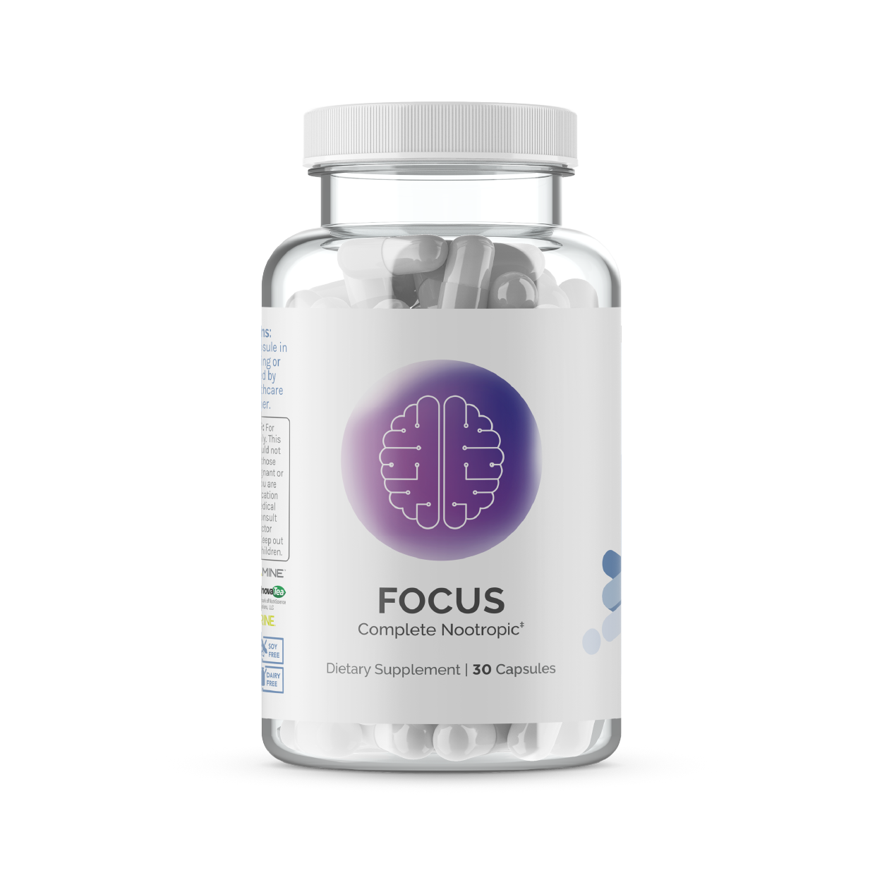 Nootropic supplement bottle; 30 capsules.