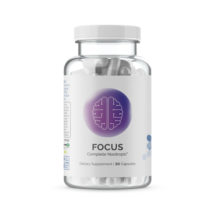 InfiniWell Focus Complete Nootropic dietary supplement bottle with white capsules, front label, transparent background, 30 capsules.