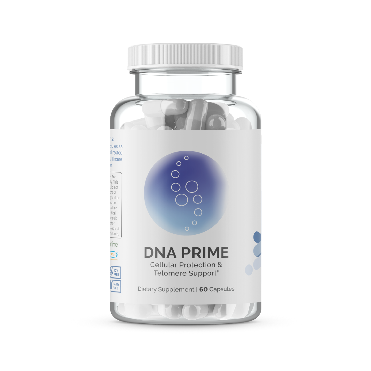 Clear bottle of dietary supplement capsules; cellular protection and telomere support.