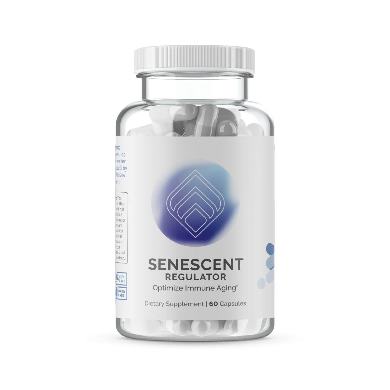 Dietary supplement bottle; 60 capsules, white, in clear jar against white background.