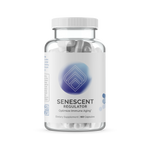 InfiniWell Senescent Regulator dietary supplement bottle with white capsules, front label, transparent background.