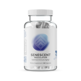Dietary supplement bottle; 60 capsules, white, in clear jar against white background.