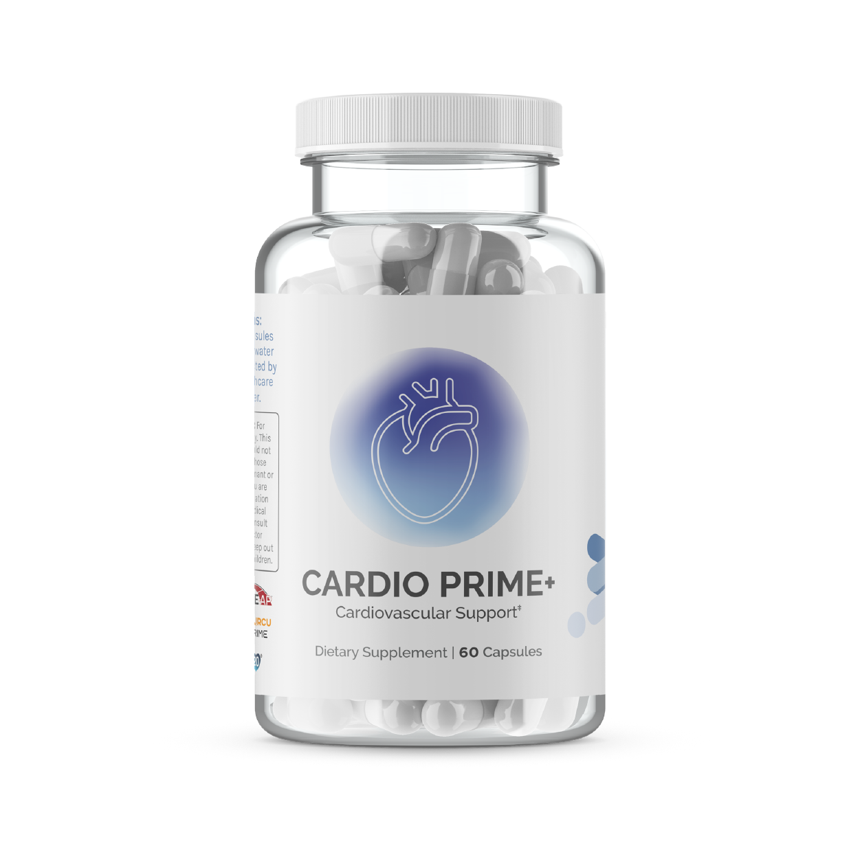 Clear bottle of cardiovascular support dietary supplement capsules; 60 capsules total.