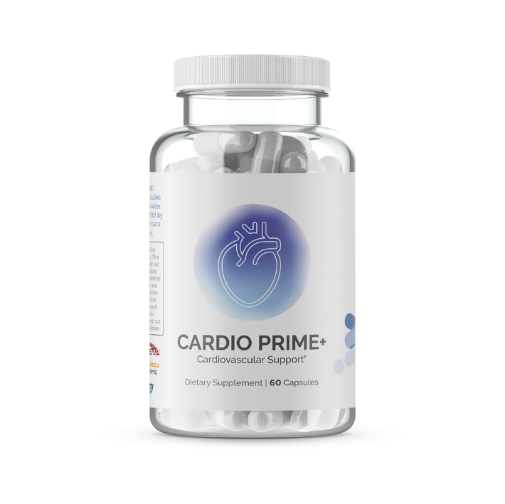 InfiniWell Cardio Prime cardiovascular support supplement bottle with 60 capsules on white background.