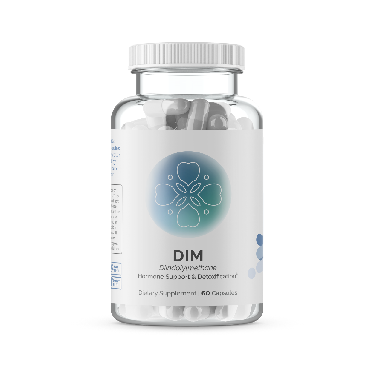 Clear bottle of DIM dietary supplement capsules; 60 capsules, supports hormone balance and detoxification.