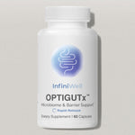 White bottle of InfiniWell OPTIGUTx rapid-release dietary supplement, 60 capsules, front label on a light gray background
