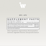 BPC + KPV supplement facts panel showing serving size, ingredients, dosage information, and other ingredients