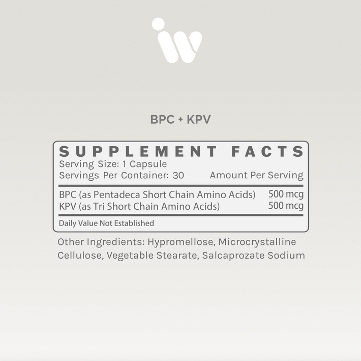 BPC + KPV supplement facts panel showing serving size, ingredients, dosage information, and other ingredients