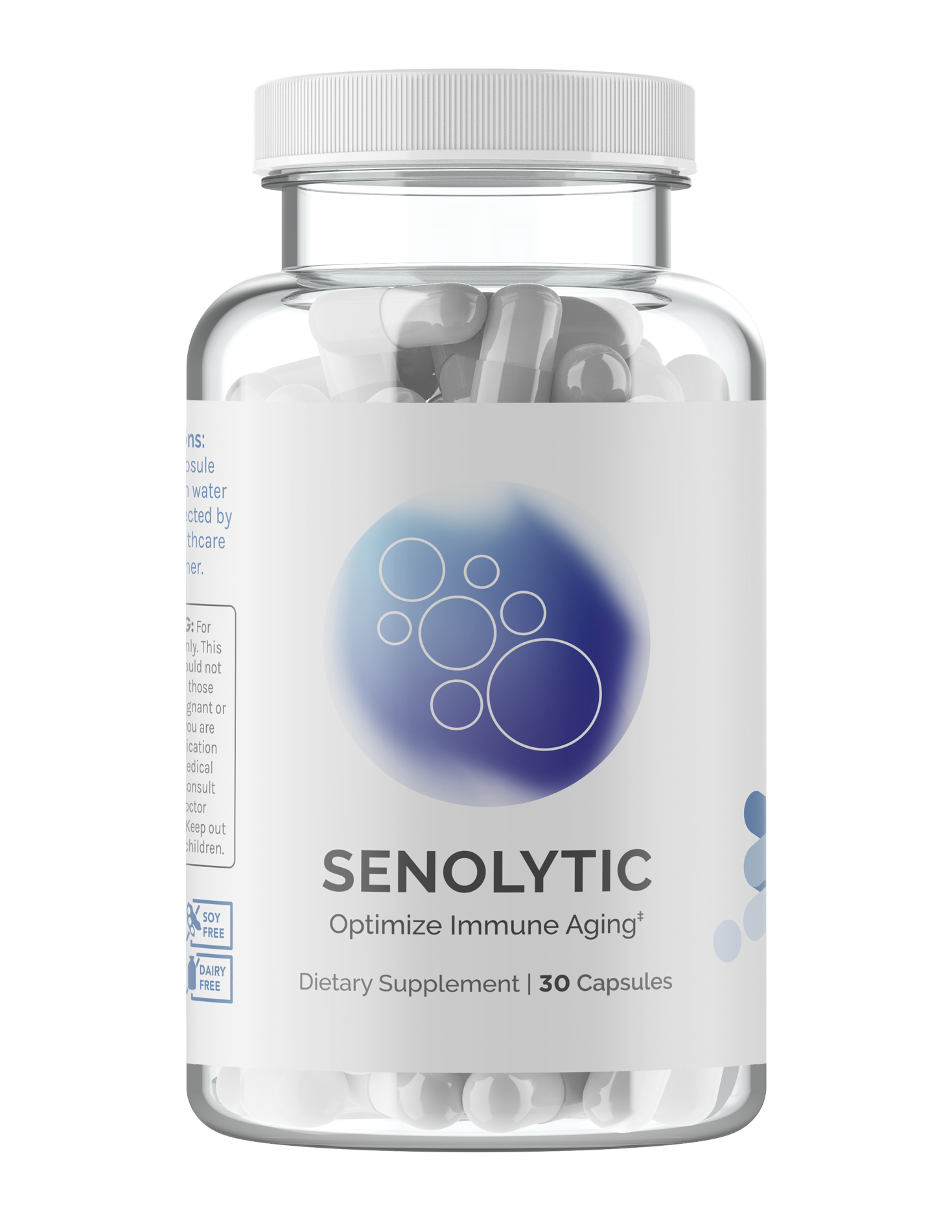 Clear bottle of dietary supplement capsules; 30 servings, soy and dairy free.