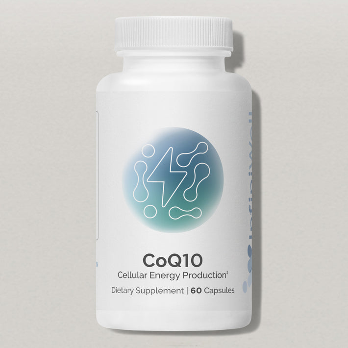 InfiniWell CoQ10 Cellular Energy Production supplement bottle with 60 capsules on a white background.