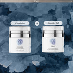 Two InfiniWell cosmetic cream jars displayed side by side with comparison graphic on a textured blue background
