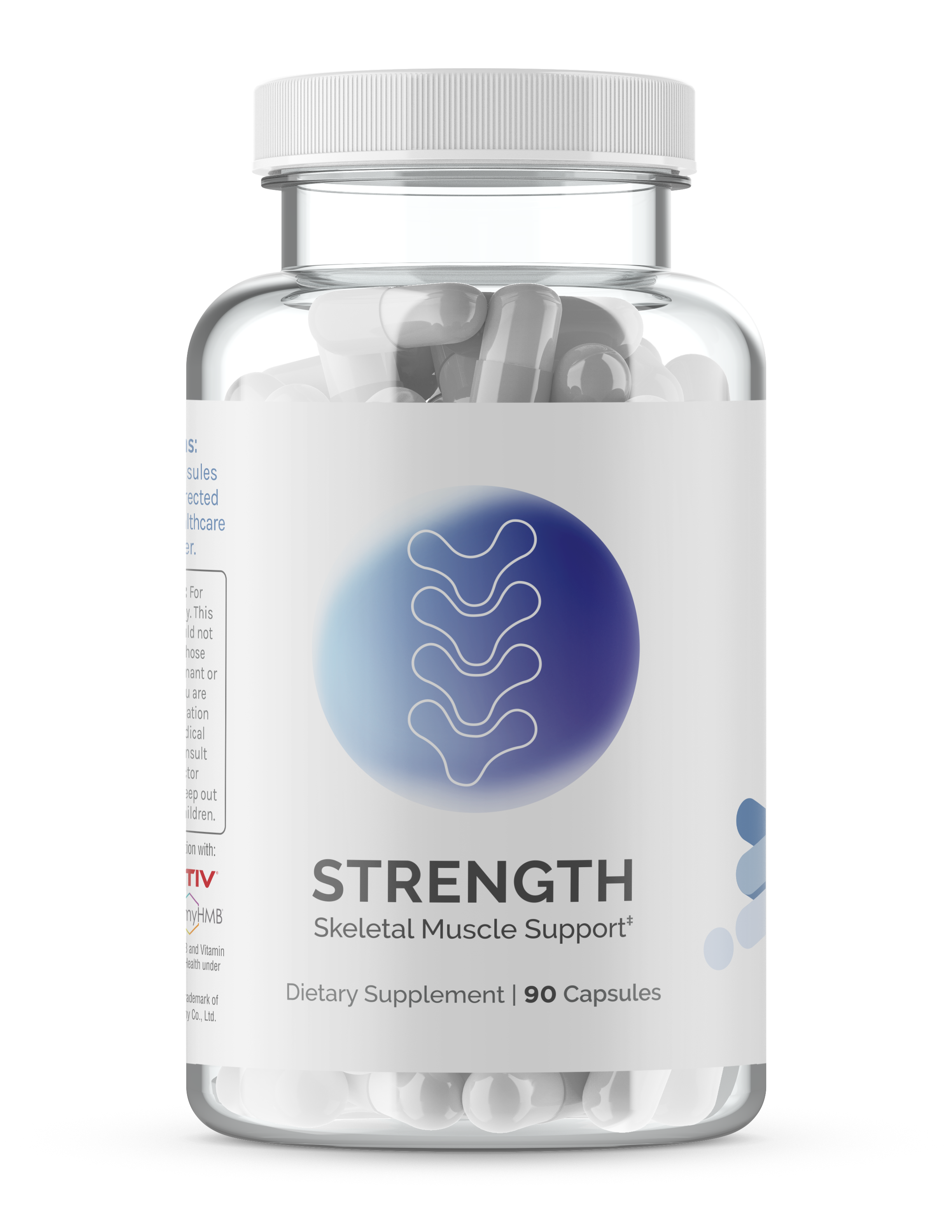 Clear plastic bottle filled with white capsules; 90 servings of skeletal muscle support supplement.