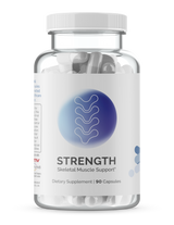 Clear plastic bottle filled with white capsules; 90 servings of skeletal muscle support supplement.