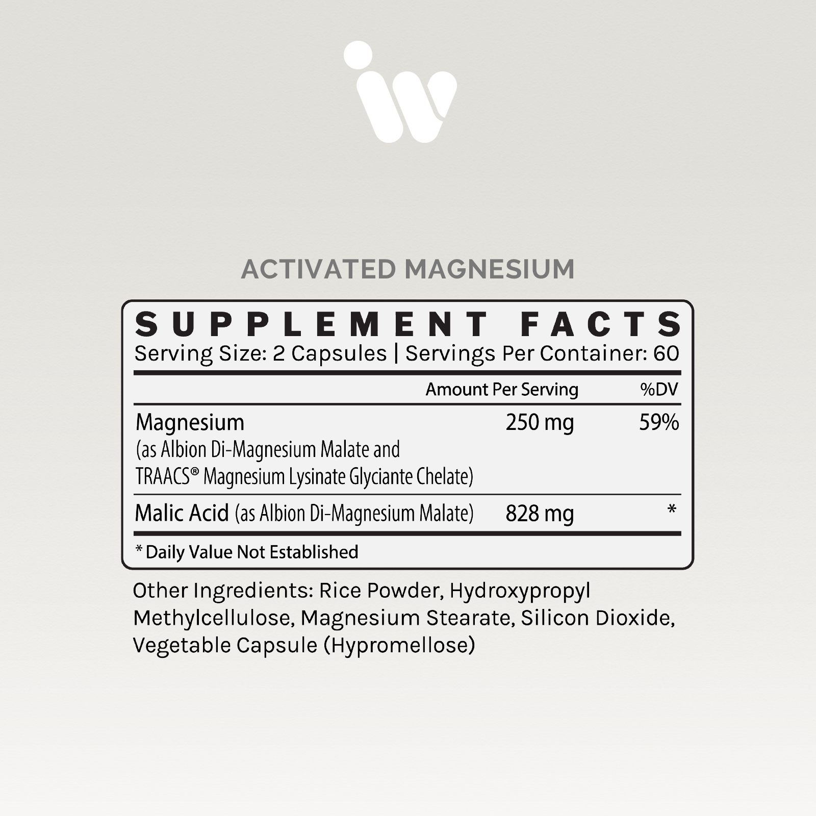 Supplement facts label showing 250mg magnesium and 828mg malic acid per serving.