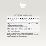 Supplement facts label showing 250mg magnesium and 828mg malic acid per serving.