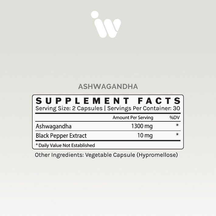 Supplement Facts panel for Infiniwell Ashwagandha showing 1300 mg ashwagandha, black pepper extract and serving size