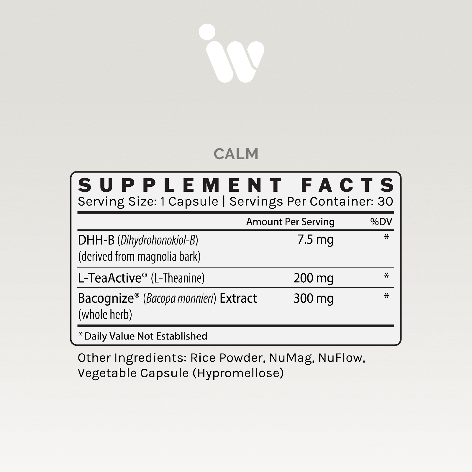 Supplement facts panel showing ingredients and dosages per serving, including L-Theanine and Bacopa extract.