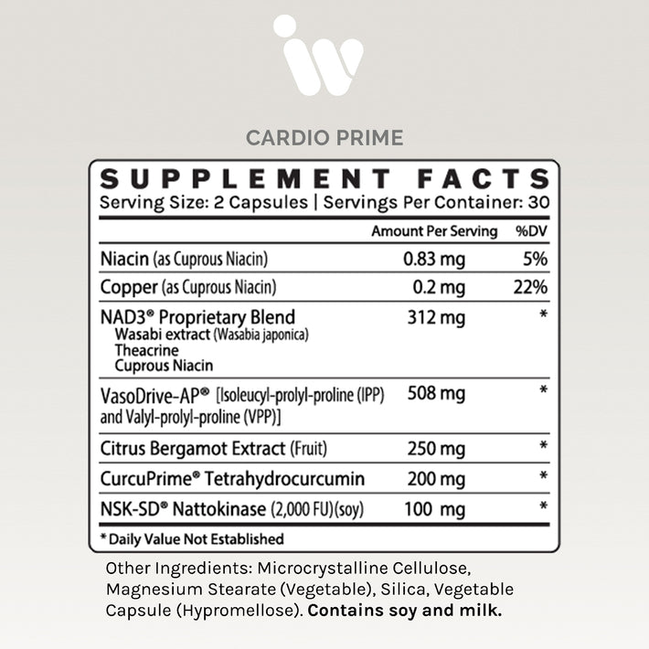 Supplement Facts panel for InfiniWell Cardio Prime cardiovascular support supplement showing serving size and ingredients.