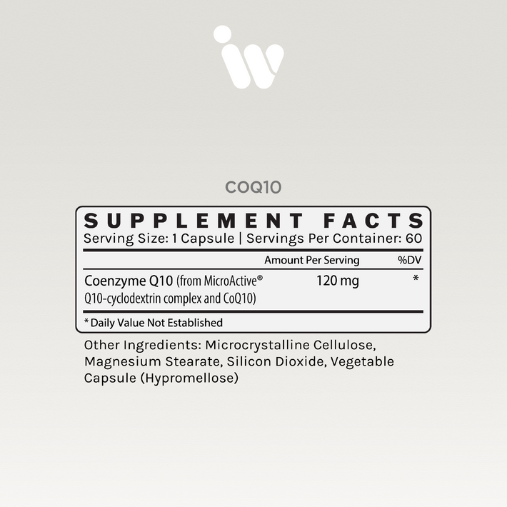 InfiniWell CoQ10 Supplement Facts panel showing serving size, 120 mg Coenzyme Q10, other ingredients, and 60 servings.