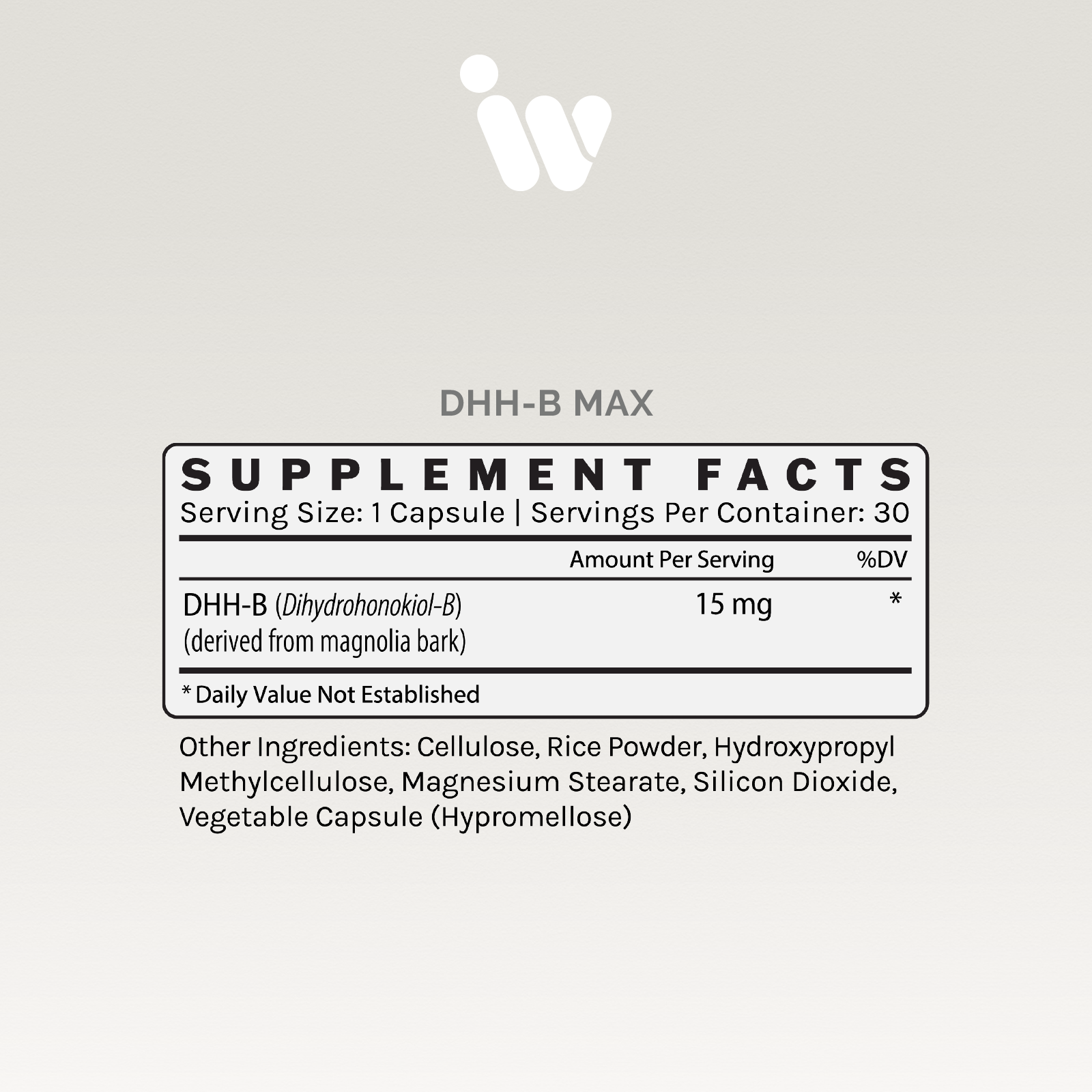 Supplement facts label showing 15mg of DHH-B per serving, derived from magnolia bark.