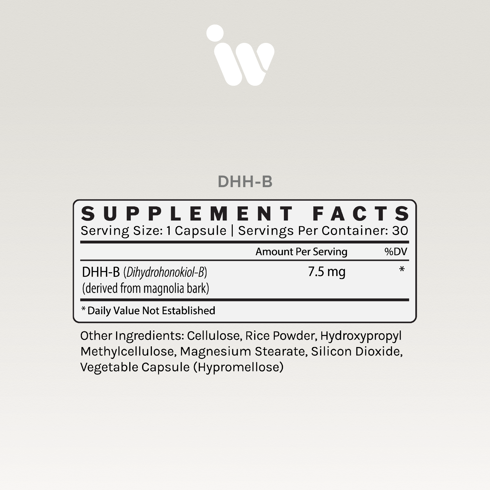Supplement facts label showing 7.5mg DHH-B per serving, derived from magnolia bark; 30 servings per container.