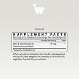 Supplement facts label showing 7.5mg DHH-B per serving, derived from magnolia bark; 30 servings per container.