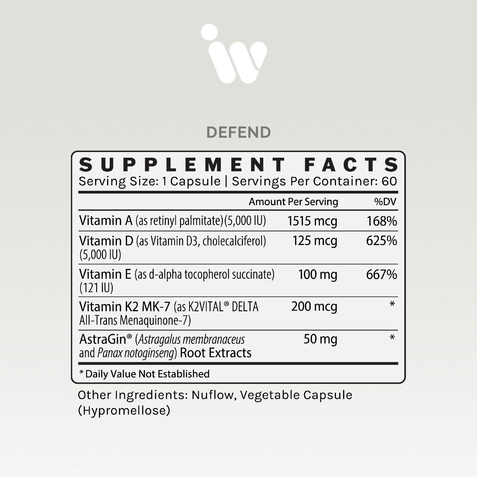 Supplement facts panel showing vitamins A, D, E, K2, and herbal extracts per serving.