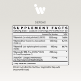 Supplement facts panel showing vitamins A, D, E, K2, and herbal extracts per serving.