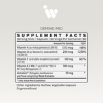 Supplement Facts panel for InfiniWell Defend Pro supplement showing serving size and ingredients.