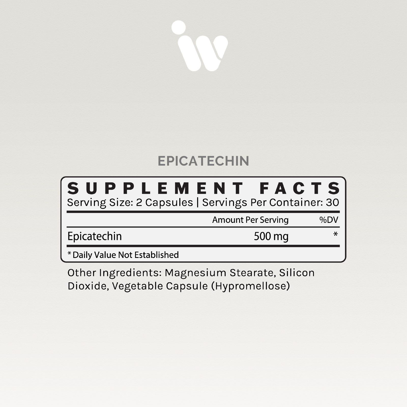 Supplement facts label: 500mg Epicatechin per serving, 30 servings per container.